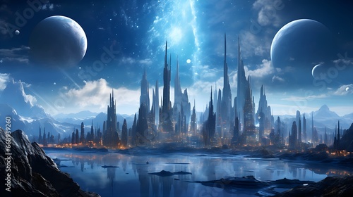 Majestic celestial city emerges as a panoramic beacon in the heart of the galaxy