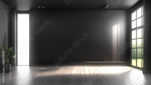 Black background to present products in loop, black wall, increase and decrease of lights, wooden floor, 4k