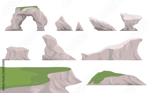 Set of rocks, hills, cliffs, mountains peaks and stones. Rocky landscape elements