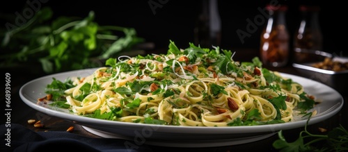 Green noodles with fried garlic on a white background