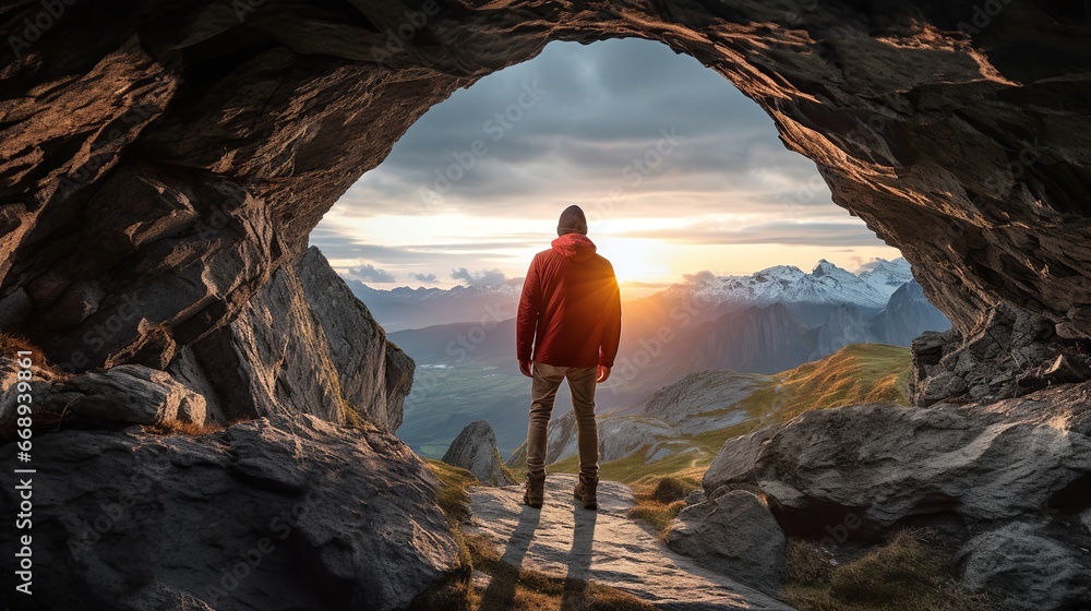 Rear view of male traveler standing in cave with view of rocky mountains at sunrise - obrazy, fototapety, plakaty 