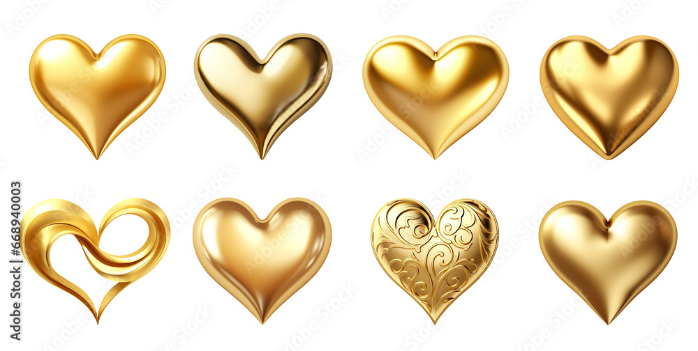 Set of eight golden hearts isolated on transparent background Set of eight golden hearts isolated on transparent background