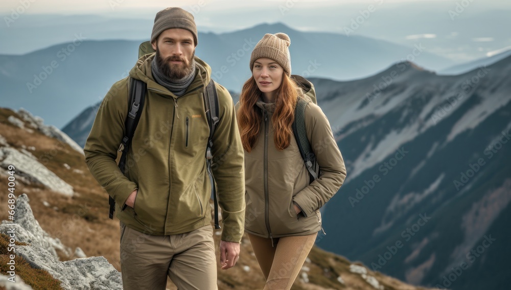 A man and a woman, dressed in hiking gear and beanies, stand atop a rugged mountain terrain, gazing into the distance. The vast expanse of rolling hills and snow-capped peaks provide a serene backdrop