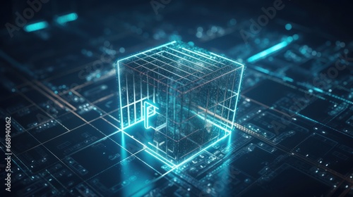 A luminescent 3D cube pulsates at the center of a complex circuit board. Neon-blue lights outline the cube and interconnect with the intricate pathways of the digital grid.