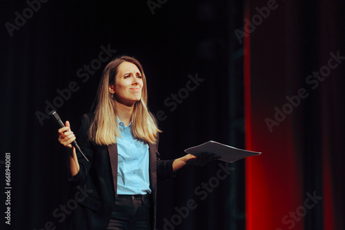 Photos Confused Puzzled Woman Taking Questions on a Public Stage
