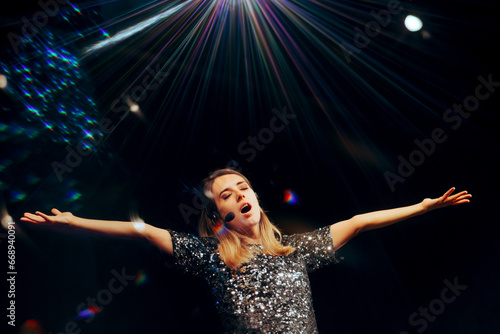 Canvas Print Happy Singer Performing on a Stage at her Own Show