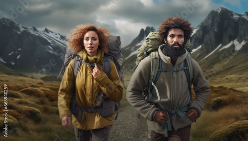 Two adventurers in rugged attire trek through a majestic mountainous landscape. Ideal for travel blogs, outdoor equipment ads, or adventure tales.