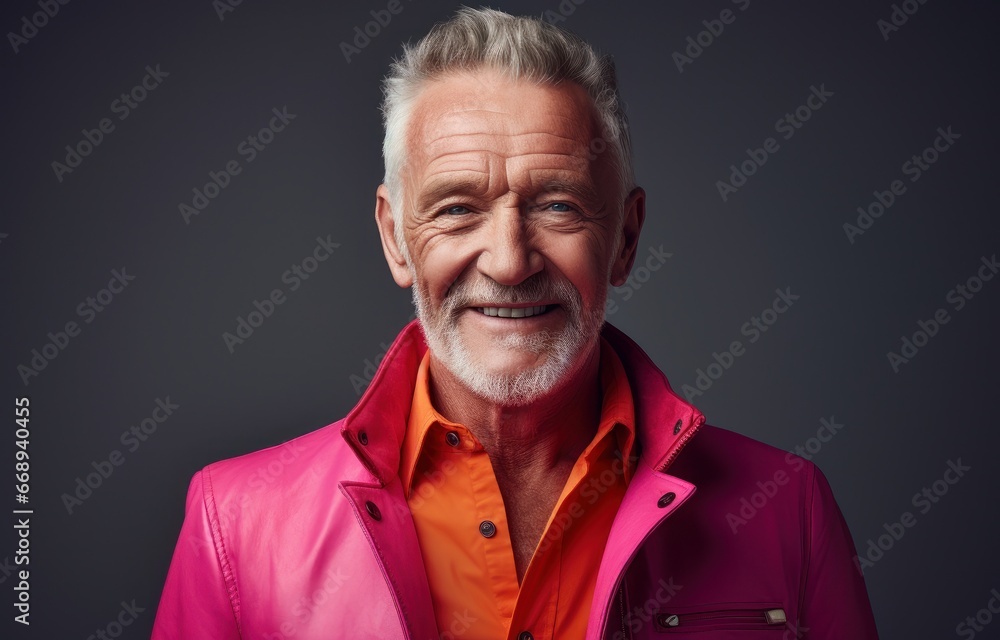 Radiant older gentleman in a bold pink clothes displaying a confident smile and charming presence. Perfect for illustrating age diversity or promoting products for mature audiences.
