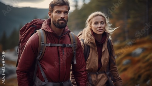 A couple clad in hiking gear stands against a backdrop of misty mountains. Their expressions suggest determination and adventure, perfect for promoting outdoor gear or travel destinations.
