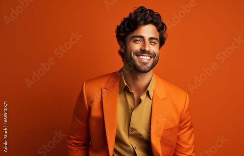 Animated image of a stylish man in a vibrant orange suit, smiling confidently against an orange backdrop. Ideal for fashion campaigns, branding, or showcasing modern trends.