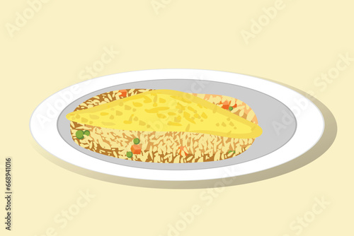 Vector flat illustration of Japanese food, fried rice with scrambled egg topping, omurice. scrambled eggs, melted eggs.