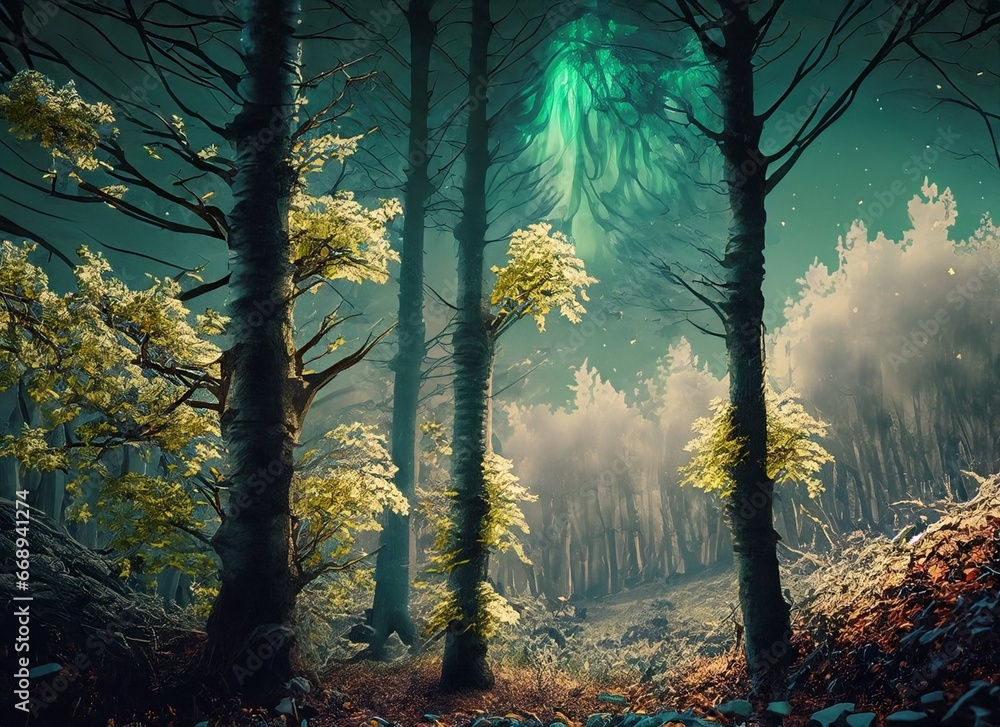 Forest with aurora, forest at night, view in the forest, forest with sky at night, view, forest, light, aurora, night