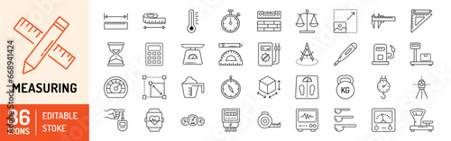Measuring editable stroke outline Icons set. Ruler, measure, thermometer, stopwatch, scale, calculator, blood pressure and speedometer. Vector illustration