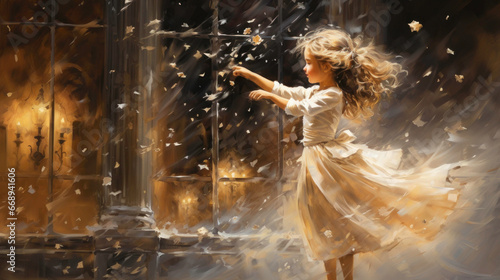 Timeless oil painting of a girl gracefully dancing amidst snowflakes, evoking the heartwarming essence of a vintage Christmas celebration.
