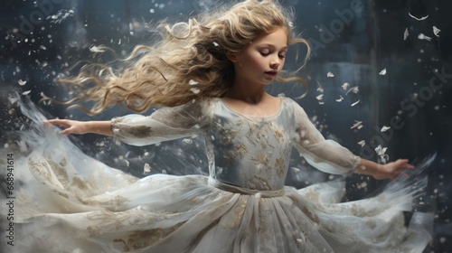 A magical winter scene captures a girl in an elegant gown surrounded by a flurry of snowflakes.
