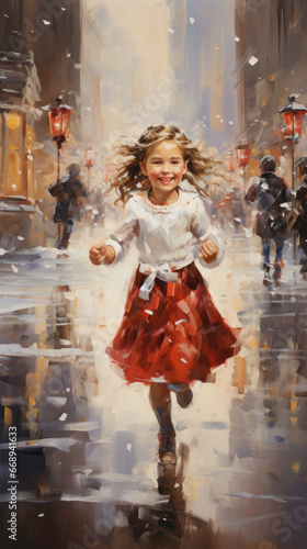 A joyful child runs through snowy streets with an infectious excitement of the holiday season.  © Liana
