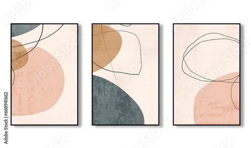 Set of three abstract artistic geometric patterns. Creative minimalist hand drawn illustration for wall decoration, wallpaper, poster, card, mural, rug, hanging picture, print