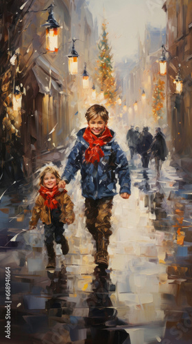Delicate brush strokes depict joyful children in a snow-laden street, embracing the Christmas spirit.  © Liana