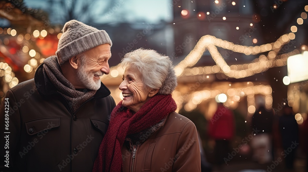 Join this heartwarming senior couple as they stand together at the Christmas market. Experience the magic in photo-realistic landscapes, with soft and romantic scenes that capture the holiday spirit.