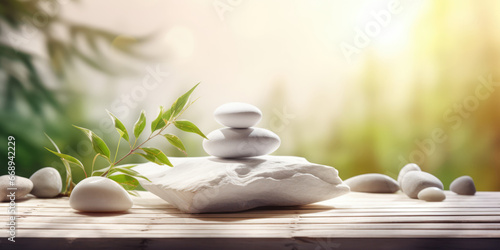 Beautiful Spa treatment Composition. Pyramid of White Pebble Stones, Fresh Bamboo Leaves and branches on a bamboo tabletop outdoor, copy space. Beauty, Spa, Wellness, Relax, Balance and Zen Concept