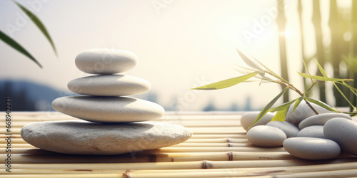 Beautiful Spa treatment Composition. Pyramid of White Pebble Stones, Fresh Bamboo Leaves and branches on a bamboo table outdoor, copy space. Beauty, Spa, Wellness, Relax, Balance and Zen Concept