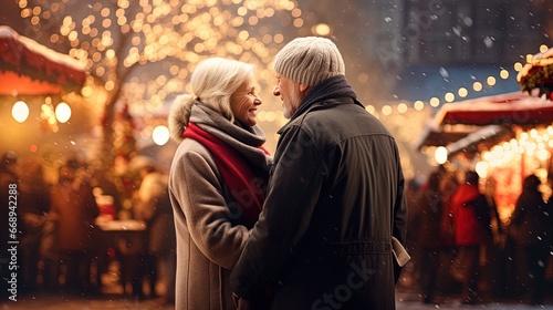 Join this heartwarming senior couple as they stand together at the Christmas market. Experience the magic in photo-realistic landscapes, with soft and romantic scenes that capture the holiday spirit. © Alex