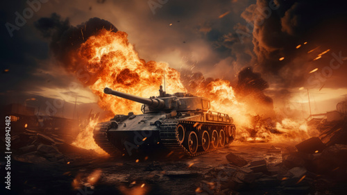 a tank shot, a battle, clouds of smoke and fire, an epic moment