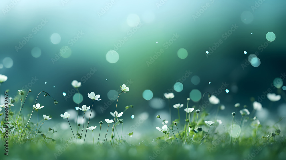 spring background with grass and flowers on blur background - obrazy, fototapety, plakaty 