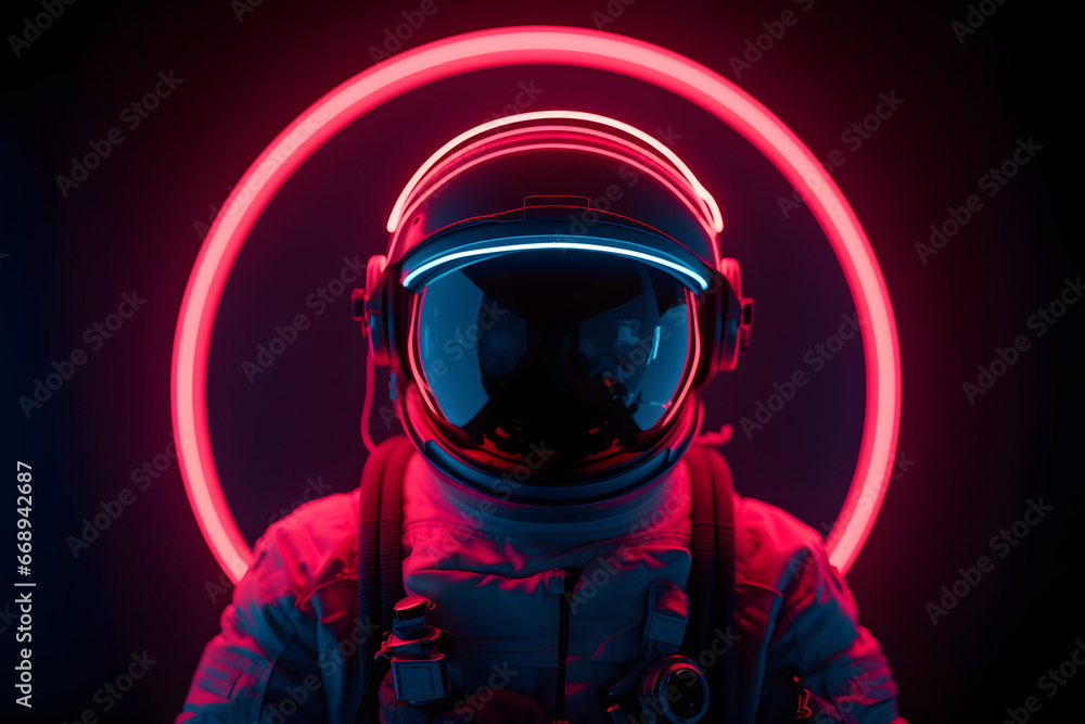 Spaceman or astronaut with circular ring shaped neon light. AI generative