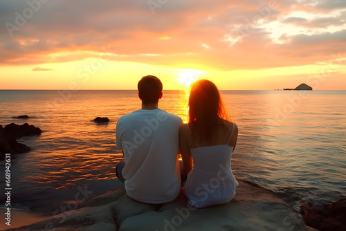 Caucasian couple sitting on rock near sea at sunset