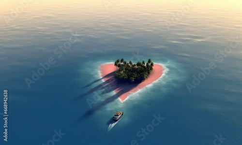 A boat heading to heart shaped island in the sea. Top down view © ZayWin