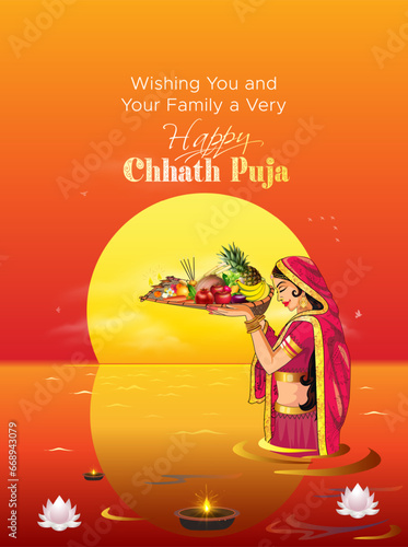 Vector Poster of chhath puja. Indian hindu woman worship of God Sun with holding fruit basket and standing in rever.