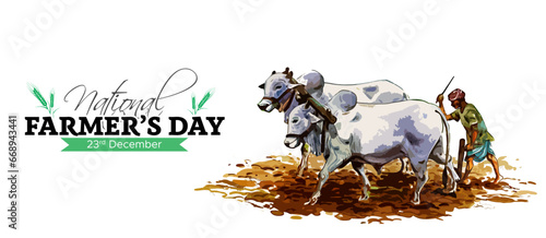 Farmers Day poster design. National Farmer's Day text with Indian farmer working in field background.
