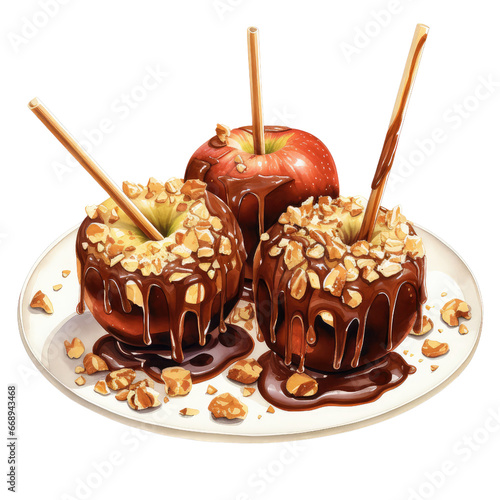  Juicy apples coated in smooth caramel, rolled in chopped nuts or drizzled with chocolate,, Realistic Watercolor Autumn Treats: Delicious Dessert Illustrations