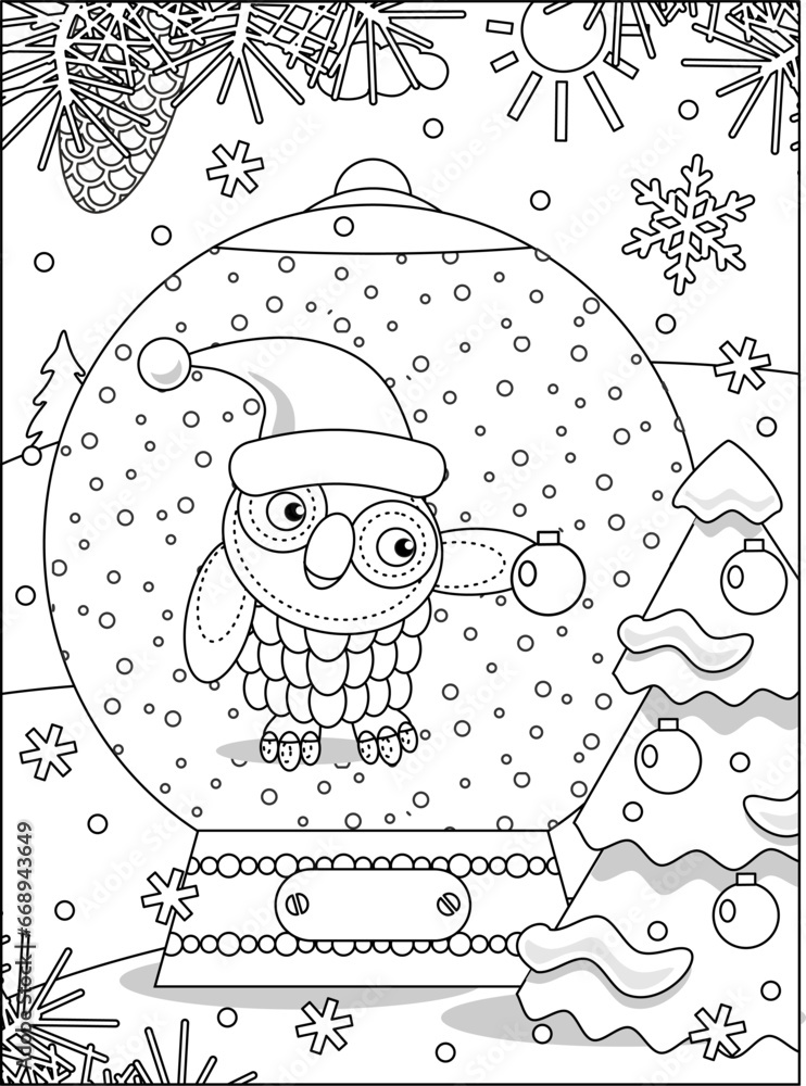 Snowglobe with cute owl and christmas tree coloring page, poster, sign ...