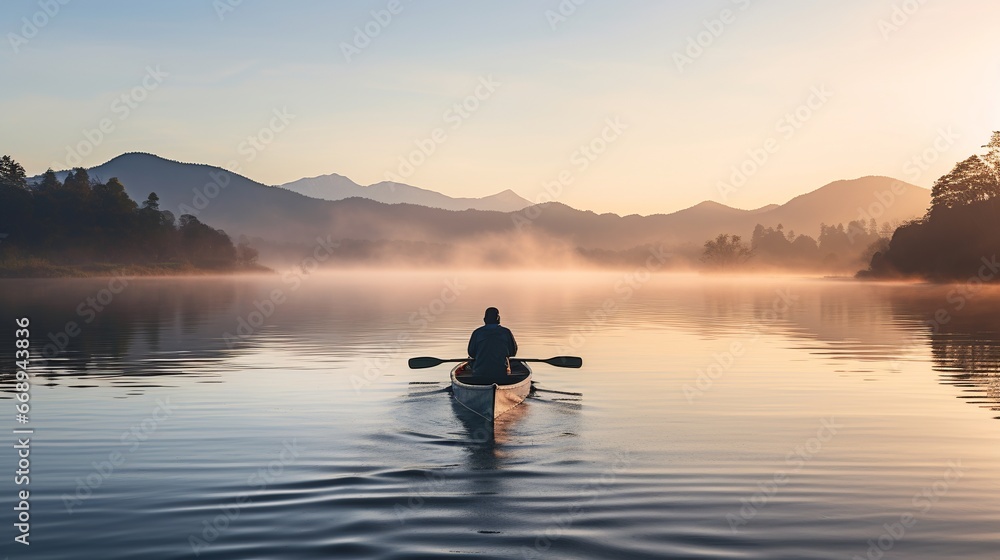 Rear view of man rowing on a calm and misty lake at sunrise
