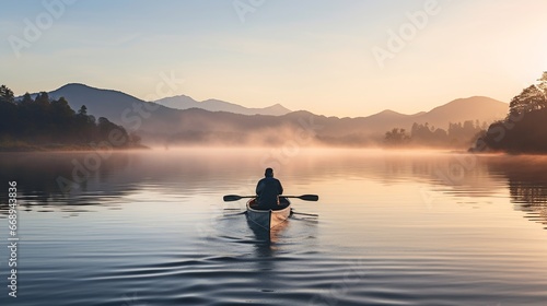 Rear view of man rowing on a calm and misty lake at sunrise © boxstock production