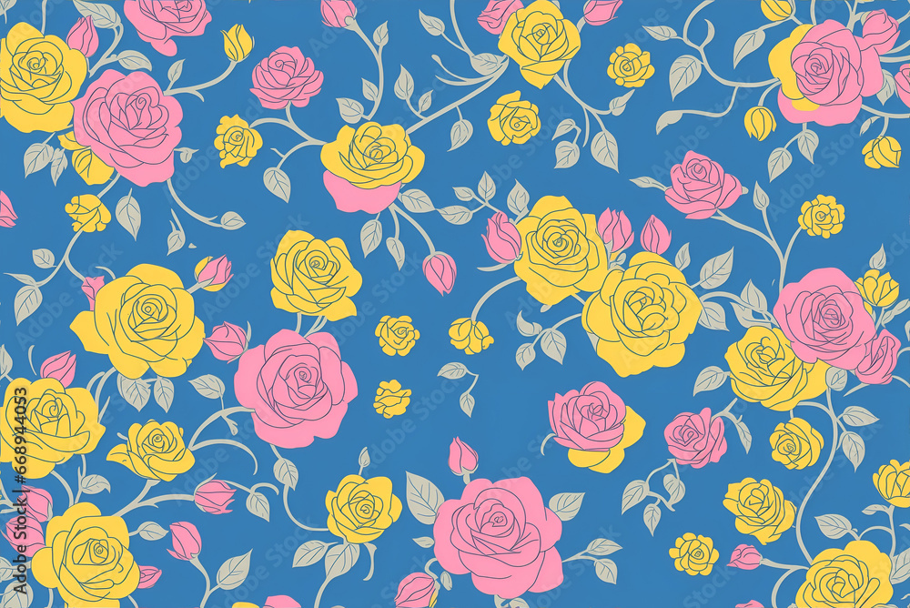 Outline rose flowers on blue, yellow, and pink background.