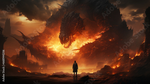 Man standing in front of a fire dragon. Fantasy scene. Wizard and huge dragon Battle. generative ai