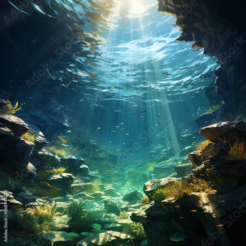 Marine background. Underwater Sea Deep Abyss With Blue Sun light. generative ai