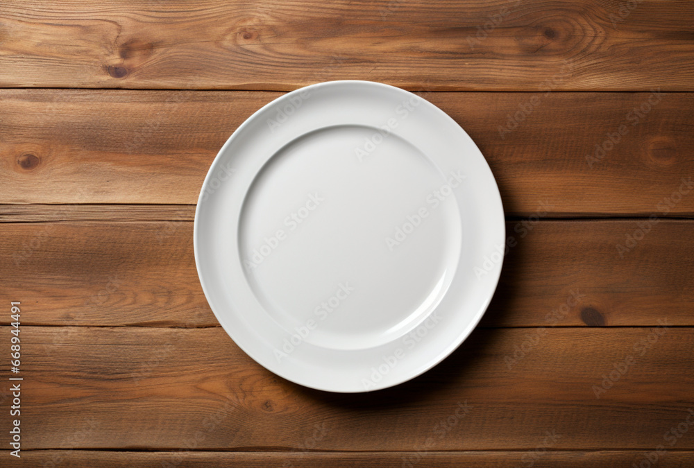 Empty white plate on wooden table. AI generated Images Empty white plate on wooden table. AI generated Images