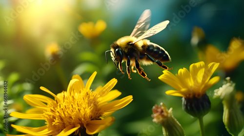 Flying Bumblebee landing to yellow flower © Planetz