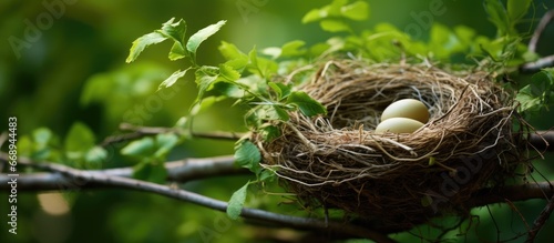 Bird nests old and new covered by green leaves on one branch