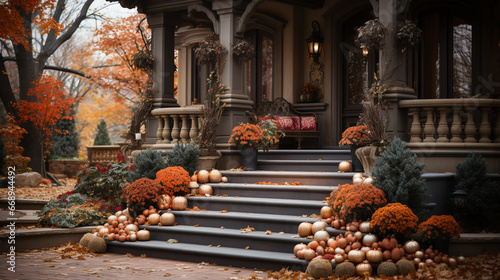 Main entrance stair and porch of the stylish house decorated autumn holidays season. generative ai
