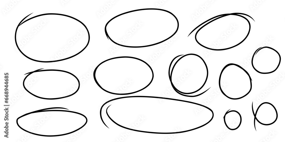 Highlight oval frames, curve underscore and border. Hand drawn scribble circle set. Doodle ovals and ellipses line template. Stock vector illustration isolated on white background. Highlight oval frames, curve underscore and border. Hand drawn scribble circle set. Doodle ovals and ellipses line template. Stock vector illustration isolated on white background.