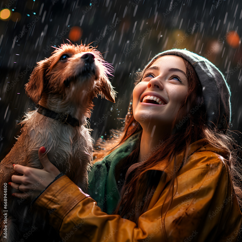 Bajo un clima lluvioso, un perro y su dueño abrazan el momento, mirando al cielo con una sonrisa. Un vínculo reconfortante entre humanos y mascotas, apreciando la belleza del toque de la naturaleza - obrazy, fototapety, plakaty 