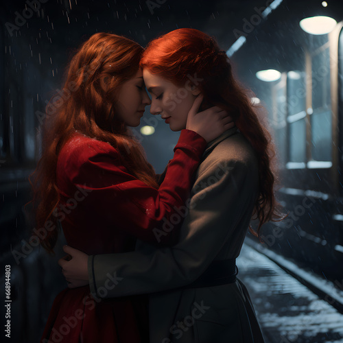 Dos amigas abrazándose fuertemente en un adiós sincero, una escena conmovedora ambientada en un contexto de invierno photo