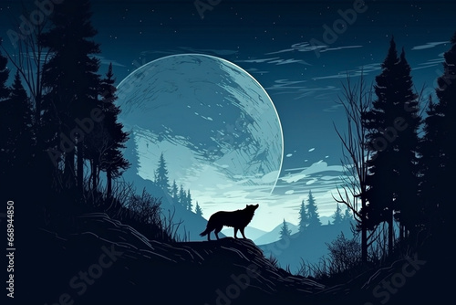 Silhouette of howling wolf against dark toned foggy background and full moon or Wolf in silhouette howling to the full moon. Halloween horror concept. 