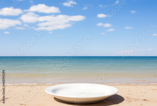 Empty white plate on sea background beach. AI generated Images