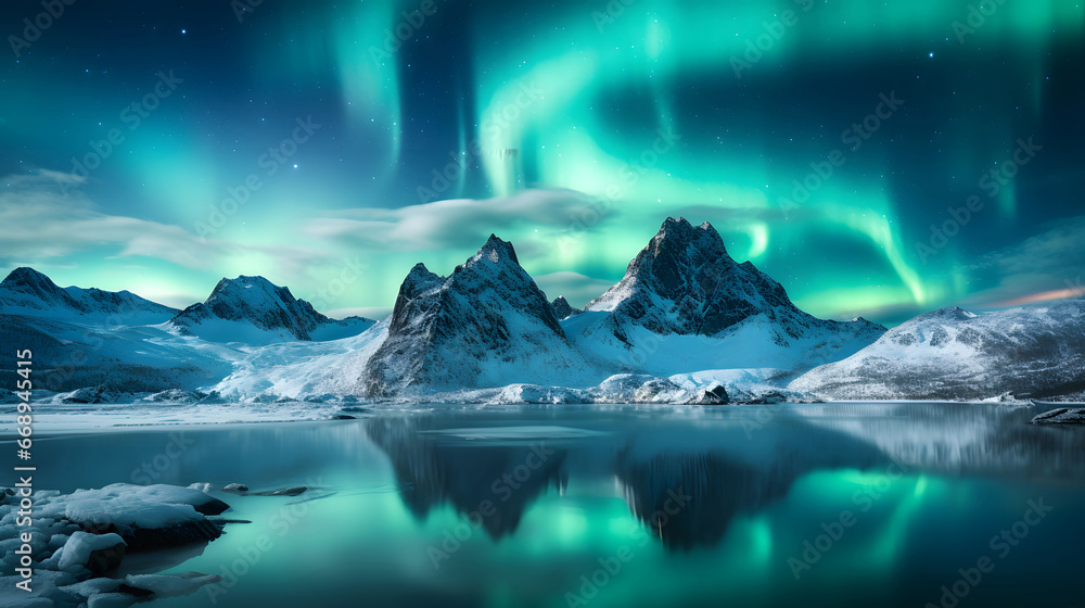 Naklejka premium Panorama of Aurora borealis, Northern lights with starry in the night sky